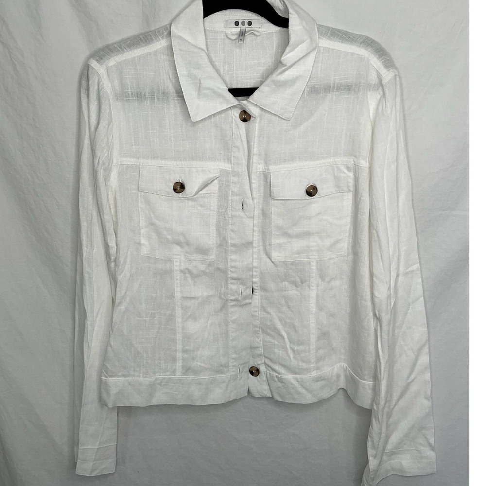 Three Dots Womens White Button Front Top Jacket Sz XL Linen Blend Coastal Beach